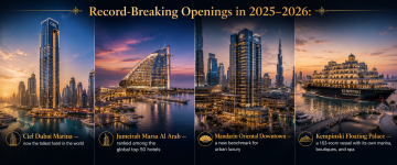 New luxury hotels opening in Dubai including Ciel Dubai Marina, Jumeirah Marsa Al Arab, Mandarin Oriental Downtown, and Kempinski Floating Palace.