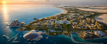 Aerial view of Saadiyat Island Cultural District and its major cultural landmarks in Abu Dhabi