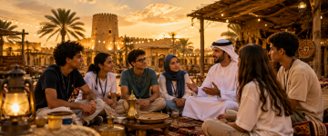 Students participating in an Emirati cultural experience with a local host in a traditional UAE setting