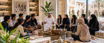 Students joining an Emirati host in a traditional majlis for a cultural discussion