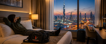 Traveler relaxing in a Dubai hotel room overlooking the Burj Khalifa and city skyline