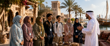 Emirati cultural guide sharing local traditions with a student group in a UAE heritage district