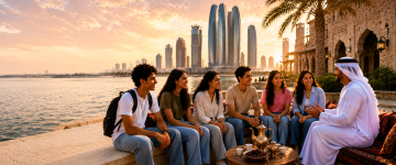 Young visitors sharing an Emirati cultural experience with a local host in Abu Dhabi