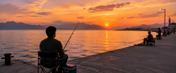 Traveler fishing from Dibba waterfront during sunset overlooking the Gulf of Oman