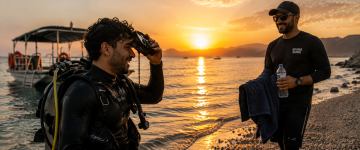 Scuba diver returning to shore at sunset after diving at Dibba Rock UAE