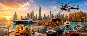 Luxury lifestyle collage featuring yacht, helicopter, five-star resort, desert camp, Rolls-Royce, supercar, Museum of the Future, and Dubai skyline.