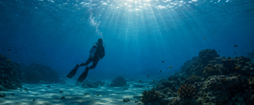 First-time scuba diver entering the water with an instructor at Dibba Rock UAE