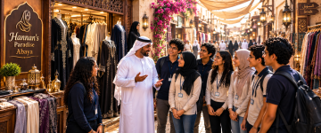 Emirati guide introducing students to traditional clothing and abayas in a UAE heritage souk