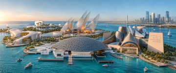 Saadiyat Island cultural landmarks including Louvre Abu Dhabi, Guggenheim Abu Dhabi and Dar al Funoon