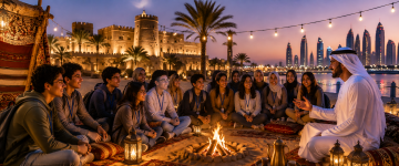 Large student group listening to an Emirati storyteller during an Abu Dhabi cultural experience