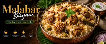 A traditional Malabar Biryani served in a copper handi with fragrant long-grain rice, tender meat, fried onions, aromatic spices, and fresh mint, representing the rich culinary heritage of North Kerala.