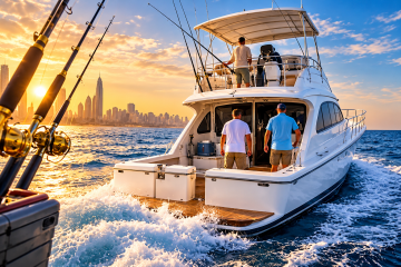 Luxury private fishing yacht cruising along the Abu Dhabi coastline at sunset with fishing rods and guests onboard.