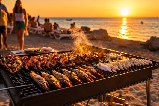 Luxury private island beach BBQ experience in Abu Dhabi with yacht, sunset dining and freshly grilled food.